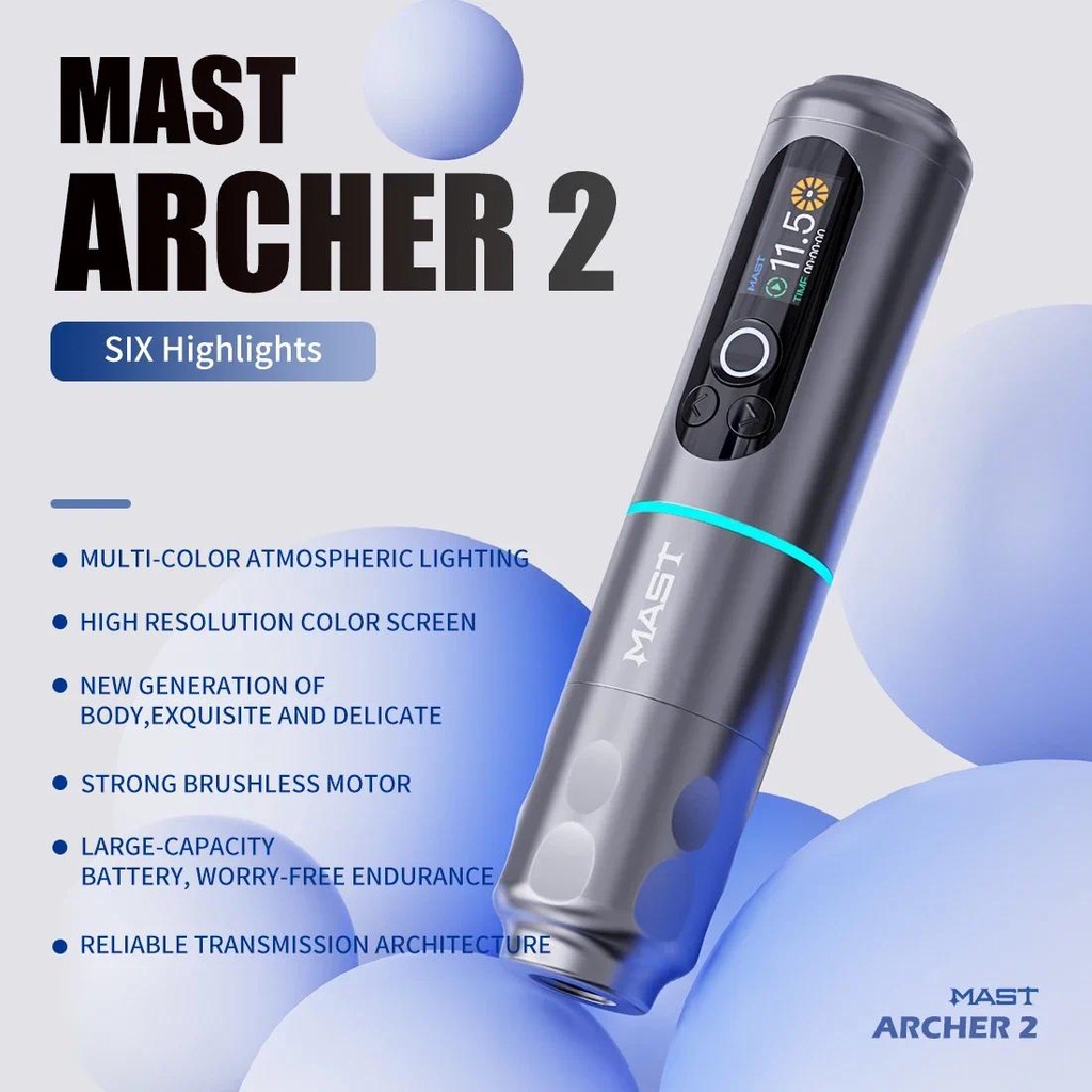 【ฟรีเข็มทดสอบ】Mast Archer 2 เครื่องสักไร้สาย ปากกาแบตเตอรี่ หน้าจออัจฉริยะ จอแสดงผล LED แกนมอเตอร์ไร้แปรงถ่าน แหล่งจ่ายไฟสัก สําหรับศิลปินสัก