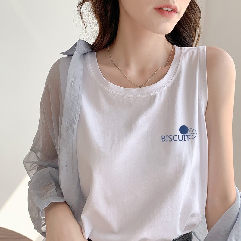 เสื้อยืดแขนกุด ผ้าฝ้ายแท้ ทรงหลวม สีขาว เข้ากับทุกชุด สําหรับผู้หญิง