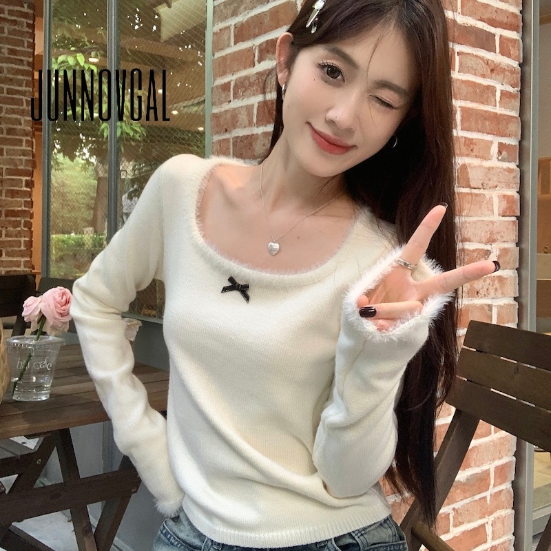 Junnovgal เสื้อยืด คอยู แขนยาว ประดับโบว์ สีพื้น แฟชั่นใหม่ สําหรับผู้หญิง 2024