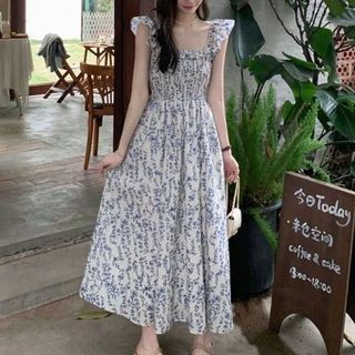 เดรส กระโปรงยาวแขนกุด ลายดอกไม้ สีฟ้า สำหรับผู้หญิง กระโปรงพลีทเอวหวาน ใหม่ พร้อมส่งจากกทม