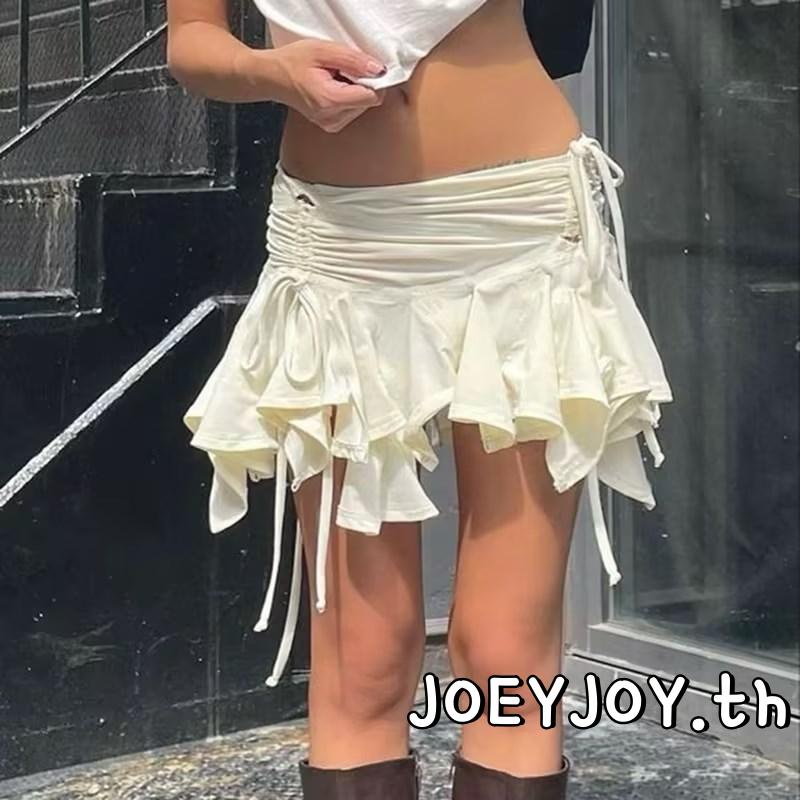 Joeyjoy-ผู้หญิง Gothic Punk กระโปรงไม่สม่ําเสมอสีทึบ Drawstring Tie-Up Ruched Ruffles กระโปรงมินิเสื้อผ้าแฟชั่น