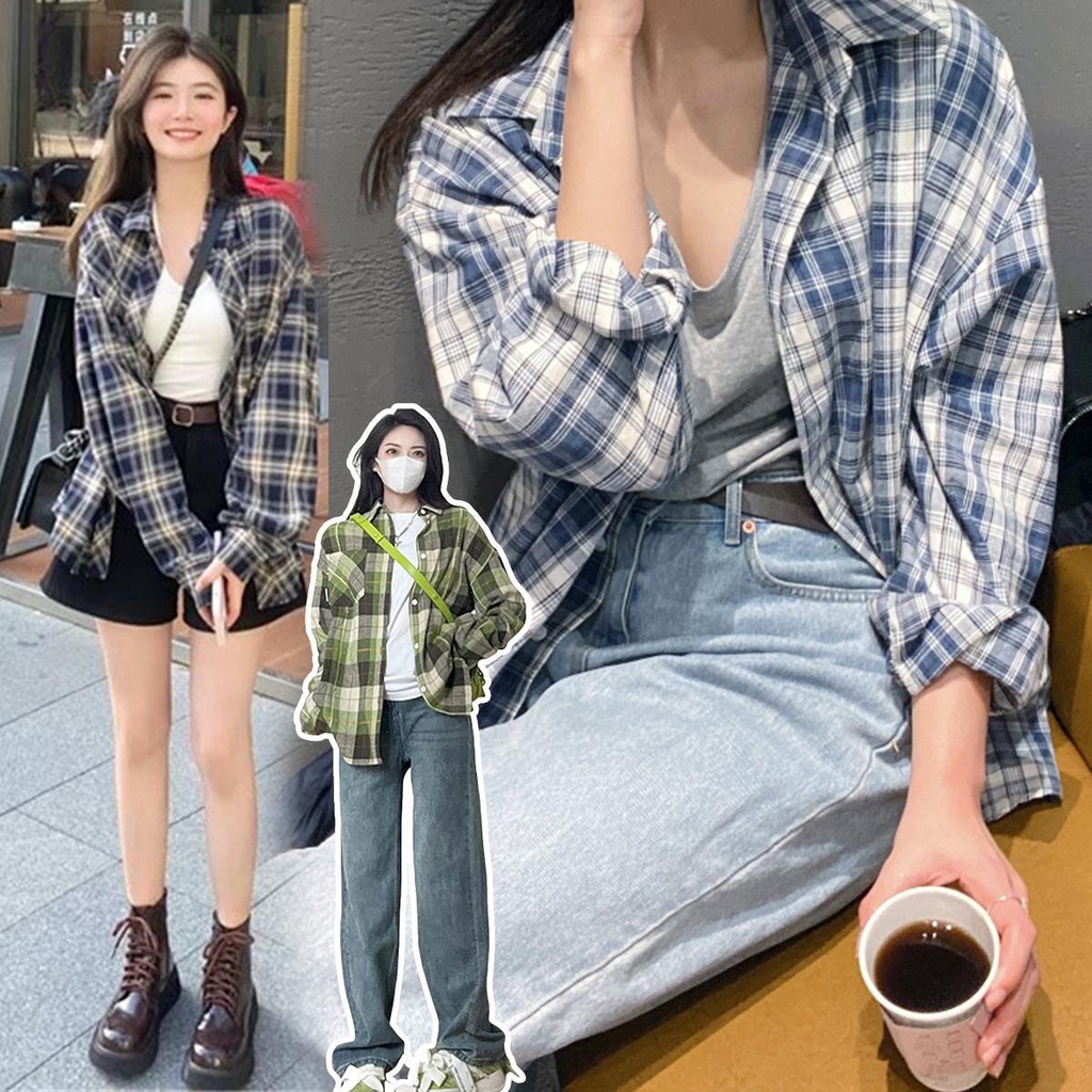 MIMI&DIDI เสื้อเชิ้ตแขนยาว เสื้อลายสก๊อตแฟชั่นผู้หญิง วินเทจ สไตล์เกาหลี แจ็คเก็ตกันแดด หลวม อเนกประสงค์#W272