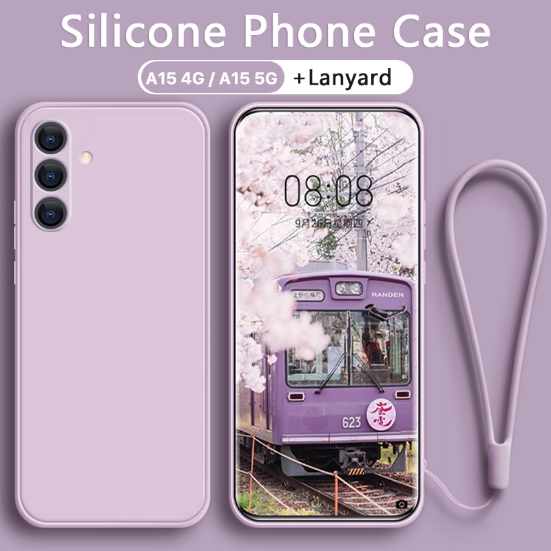เคส Samsung A05 A05S A15 A25 A35 A55 4G 5G เคสซิลิโคนเหลวพร้อมกล้องแบบเต็มสายคล้อง สายคล้องเชือกเส้น
