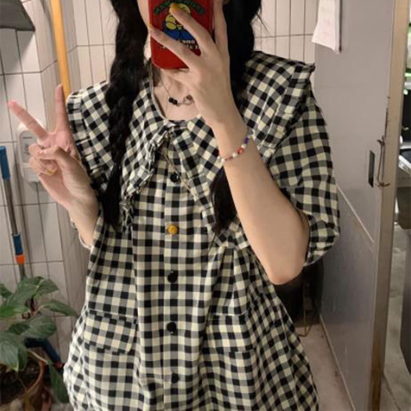 Ojhig ใหม่ หวานแหวว คอตุ๊กตา แขนเจ็ดส่วน ลายสก๊อต เสื้อเชิ้ตผู้หญิง ทรงหลวม เทรนด์ยอดนิยม