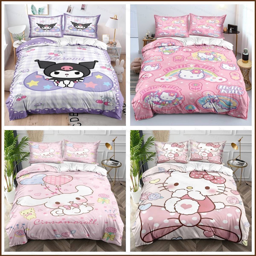 Squar1 ชุดเครื่องนอน ผ้าปูที่นอน ปลอกหมอน ผ้าห่ม ลายการ์ตูน Sanrio Cinnamoroll Kuromi Kitty น่ารัก สําหรับบ้าน ห้องนอน