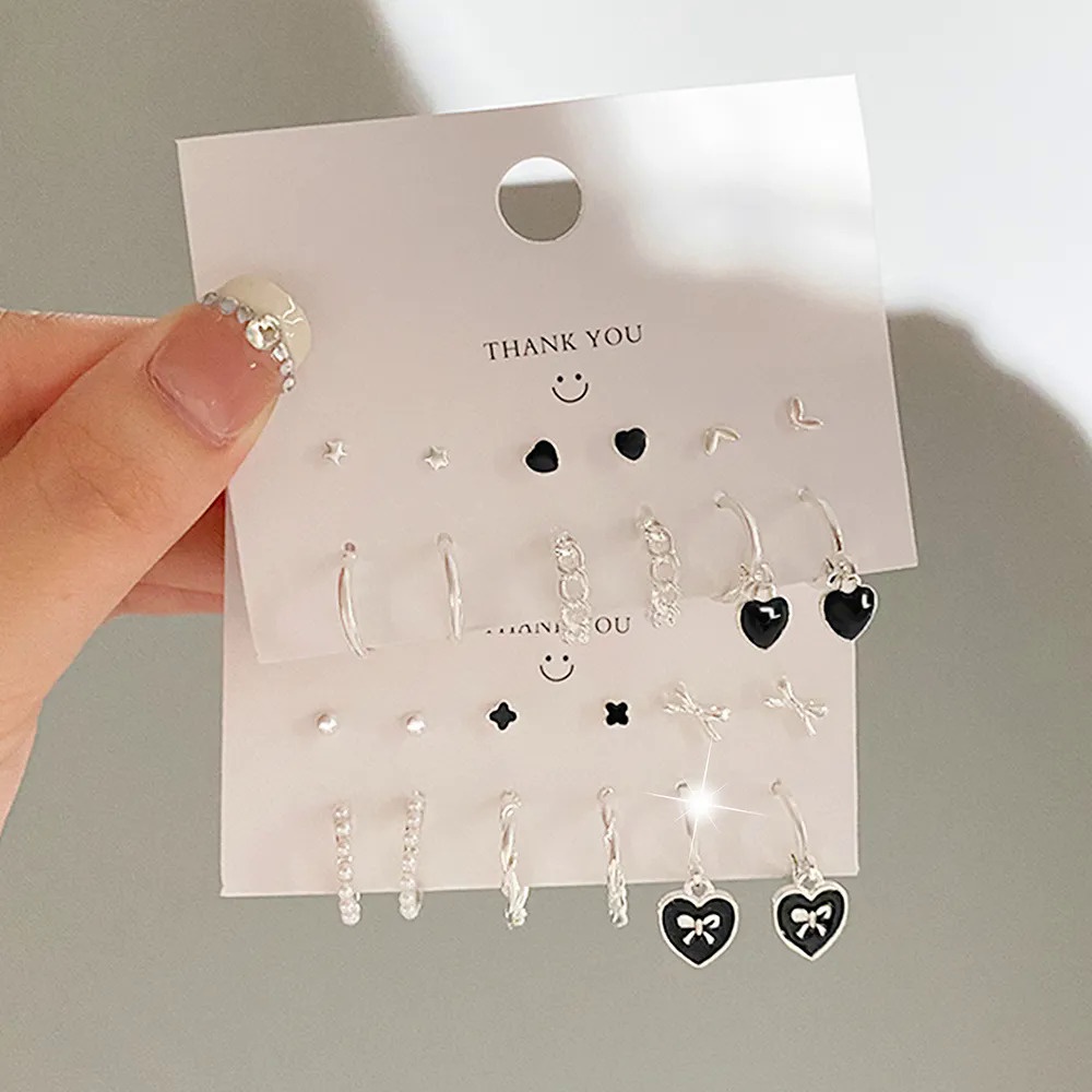 VKME Black Heart Earring Set Star Ear Studs Bear Pendant Chain Circle Drop Earring Fashion Earring S