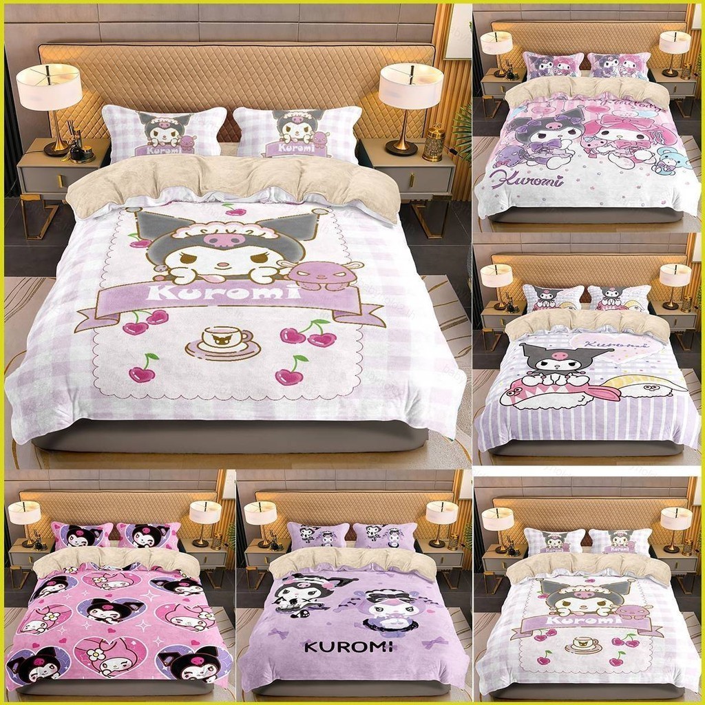 Acg Sanrio Kuromi Melody 3in1 ชุดเครื่องนอน ผ้าปูที่นอน ผ้าห่ม บ้าน ห้องนอน ซักทําความสะอาดได้ สะดวกสบาย ชุดหอพัก