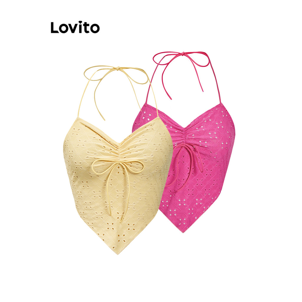 Lovito เกาะอกผู้หญิง ผูกหน้า จีบย่น ผูกเชือก สีพื้น สไตล์ลำลอง L88AD016(หลากสี)