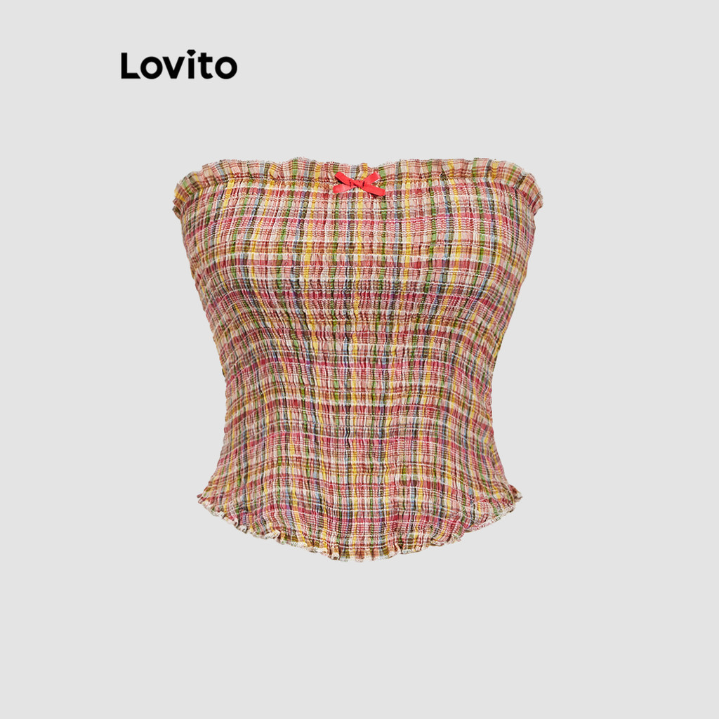 Lovito เสื้อสายเดี่ยวผู้หญิง ลายสก๊อต แต่งโบว์หน้า สไตล์ลำลอง L89ED299