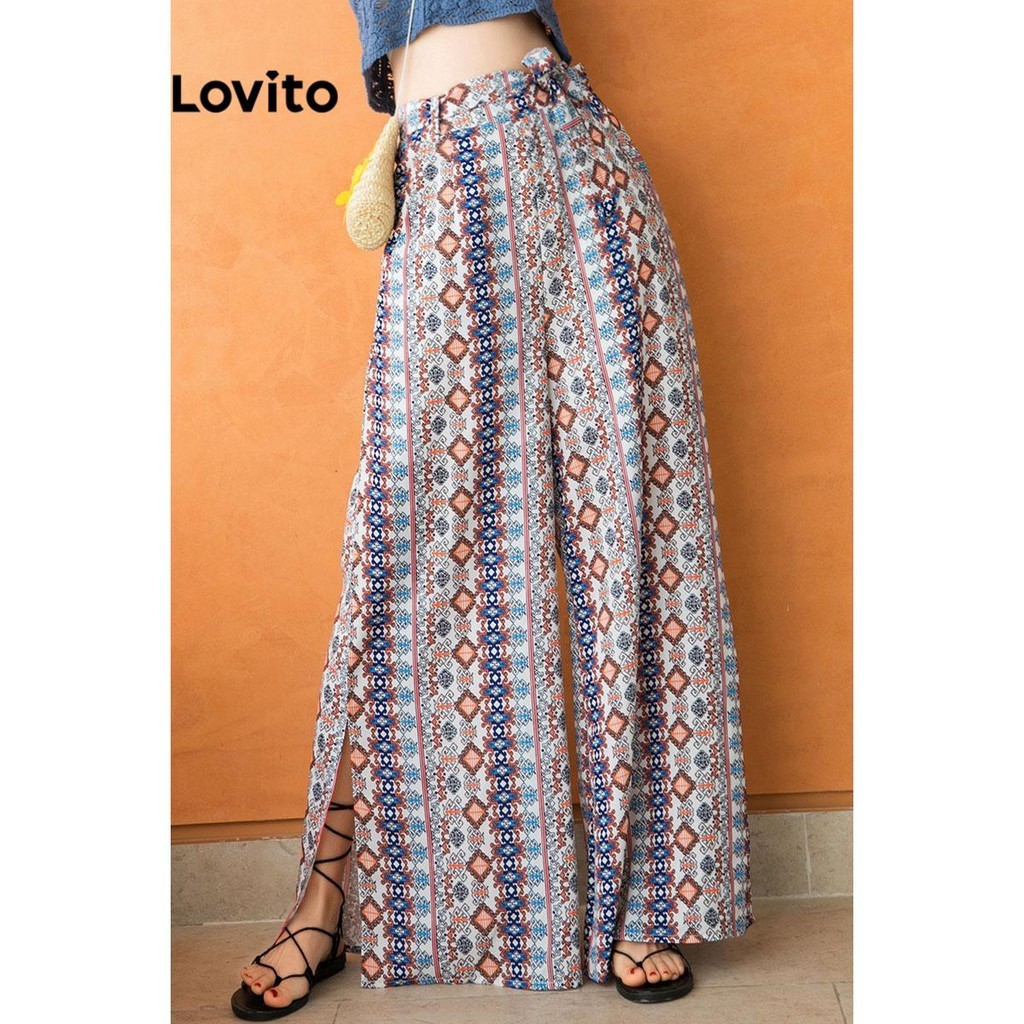 Lovito กางเกงผู้หญิง ผ่าหน้า มีลาย สไตล์ลำลอง LNE68307