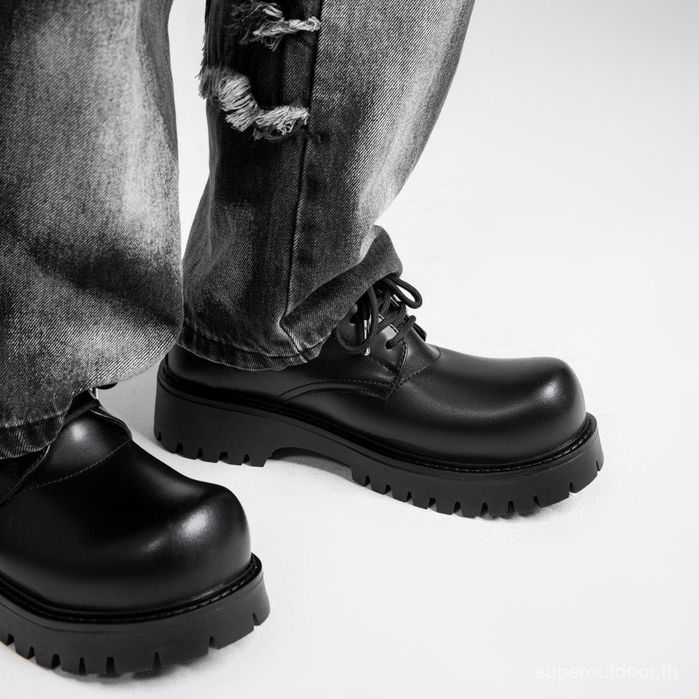 Man Chunky รองเท้าหนังลําลองรองเท้าหนังรอบนิ้วเท้าสําหรับ Man Lace up สีทึบแพลตฟอร์มรองเท้าสีดํา