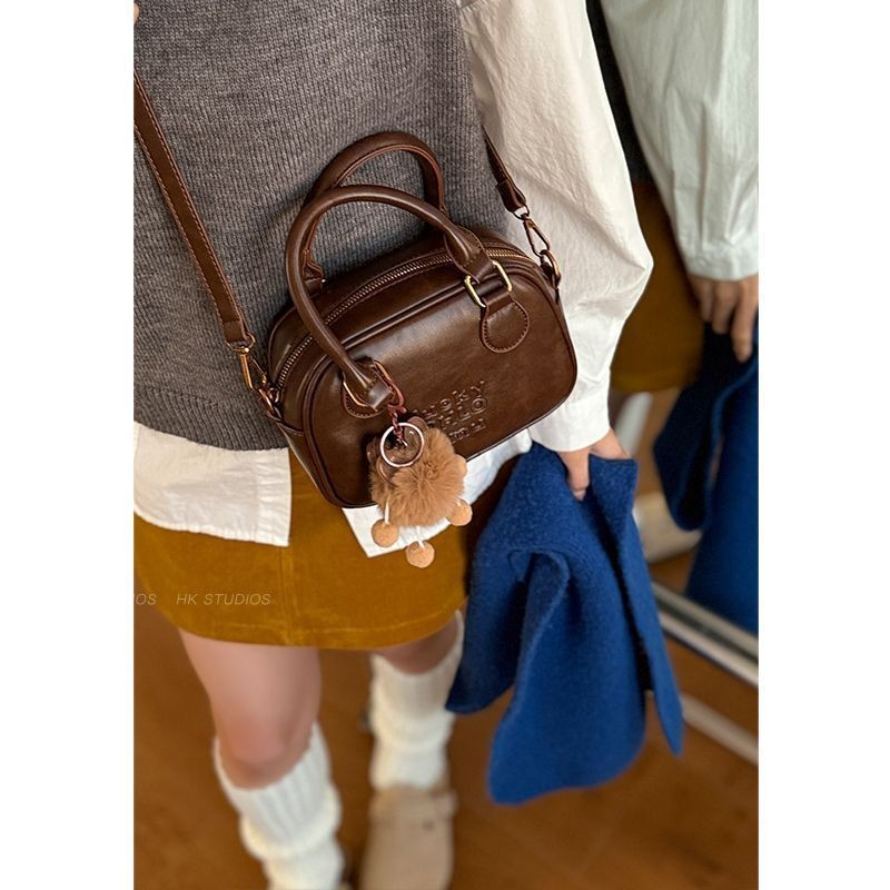 Schwarz ENTEN ผู้หญิง Cross-Body กระเป๋า Maillard สไตล์ Retro เกาหลีประเภทอเนกประสงค์ Ins Simple Bowling Pu กระเป๋าสะพาย