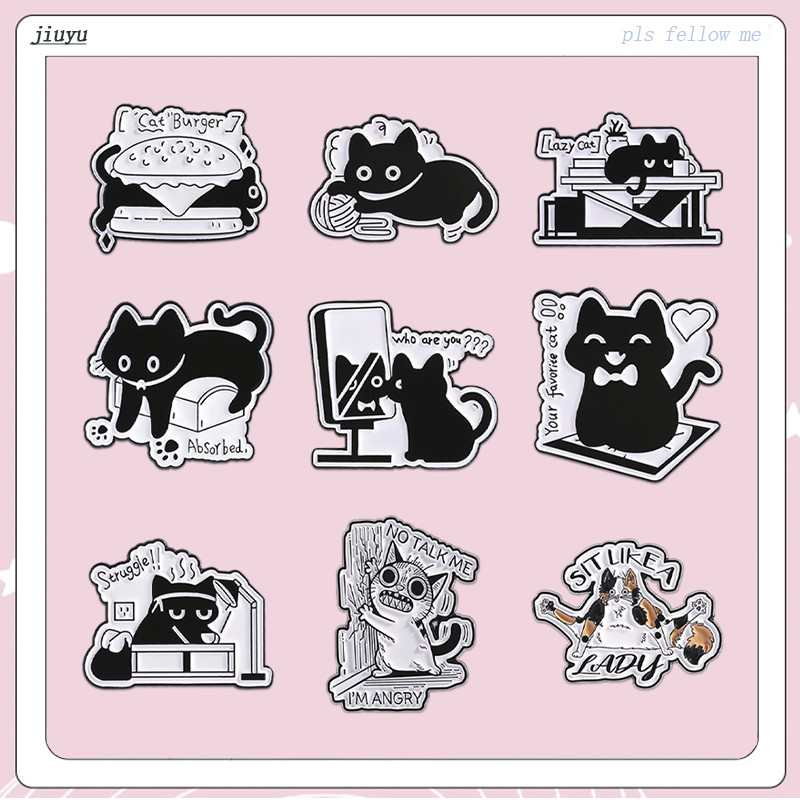 Creative Black Cat เข็มกลัดเคลือบอารมณ์ที่น่าสนใจ Status Struggle,Absorted Badge Pin เครื่องประดับอุปกรณ์เสริมของขวัญ