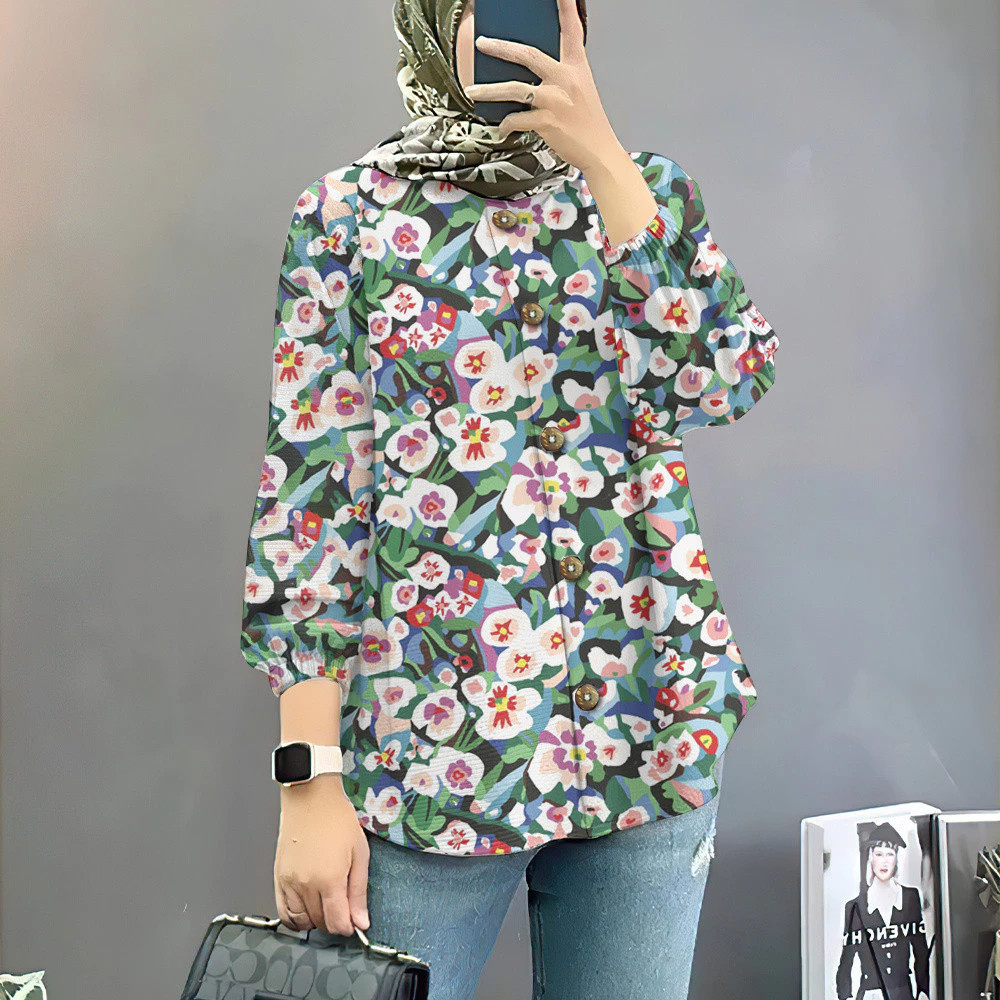 Baju Raya 2025 Vintage ดอกไม้ Muslimah เสื้อ Baju Muslimah เสื้อสไตล์หลวม Muslimah เสื้อแขนยาวสําหรับผู้หญิง