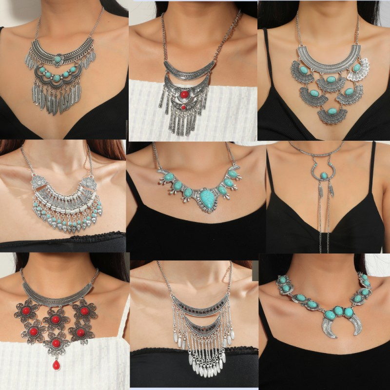 1PCS Vintage Turquoise ทิเบต Lhasa เนปาลชาติพันธุ์ Minority โลหะผสมสร้อยคอ Neckchain เครื่องประดับ