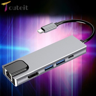 Tcuteit อะแดปเตอร์การ์ดเครือข่าย 5 in 1 USB C Hub เป็น 4K HDMI USB 3.0 2.0 PD RJ45 สําหรับ PC