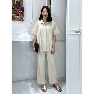 เซ็ต 2ชิ้น สีใหม่! 2MUAY รุ่น GJO8652 / GJO2316-9 เซ็ตพลีทคุณภาพ THICK COLLAR SHORT SLEEVE TOP WITH PANT PLEAT SET 8ส...