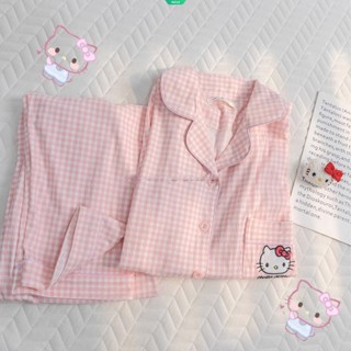 ใหม่ ชุดนอน เสื้อแขนยาว กางเกงขายาว ลายสก๊อต สีชมพู Hello Kitty น่ารัก แฟชั่นฤดูใบไม้ผลิ และฤดูใบไม้ร่วง สําหรับผู้หญิง Y2K 2023