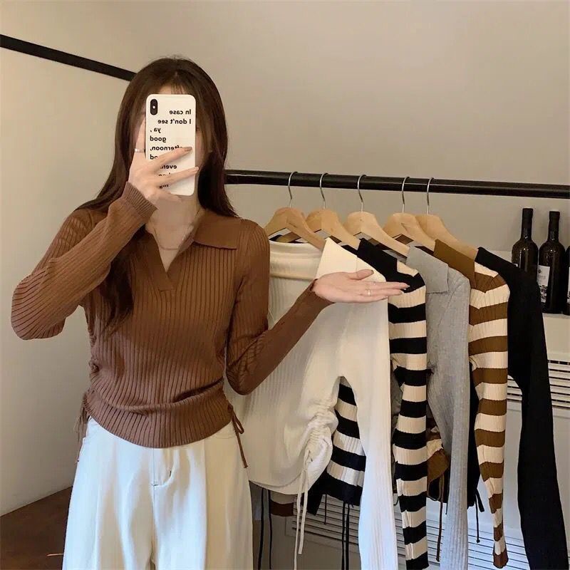 LAICAI GIRL พร้อ​มส่ง​ เสื้อไหมพรมคอปก แขนยาวผ้าร่อง สามารถรูกข้างได้ L.A Shop