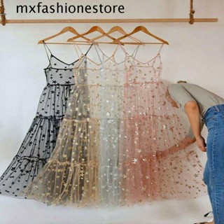 Mxfashione ชุดเดรส คอวี ผ้าตาข่าย ลูกไม้ ลายดาว สไตล์ญี่ปุ่น แฟชั่นฤดูร้อน