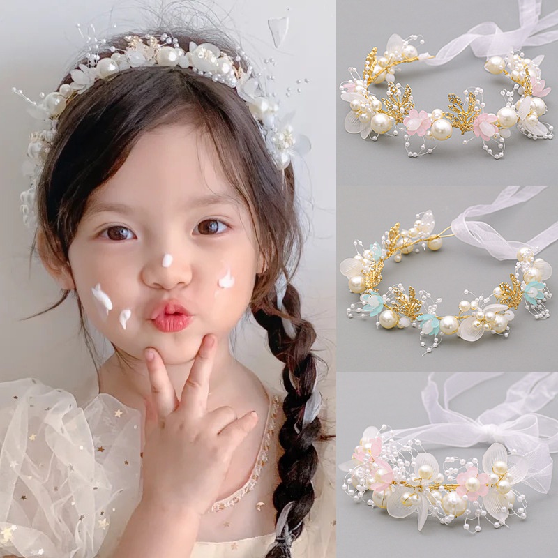 เครื่องประดับศีรษะ สร้อยข้อมือ ต่างหู ประดับไข่มุก ลายดอกไม้ สไตล์เจ้าหญิง สําหรับเด็กผู้หญิง