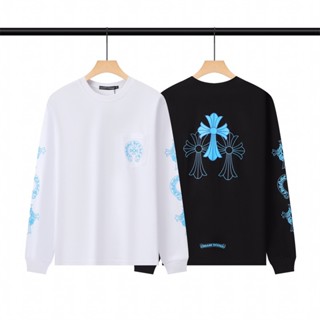 เสื้อยืดแขนยาว อเนกประสงค์ พิมพ์ลายหัวใจ สีฟ้า แฟชั่นสําหรับผู้ชาย และผู้หญิง