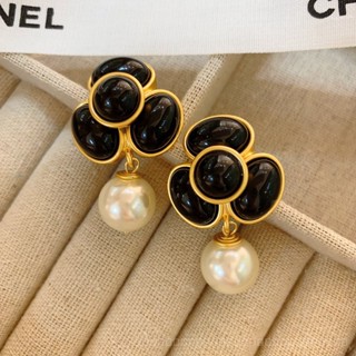 0911YWLY French Style High-Grade Classic Style Black Camellia Earrings Vintage Pearl High-Grade Light Luxury Socialite Temperament Earrings Gift  Light luxury  Niche  Retro LDKI