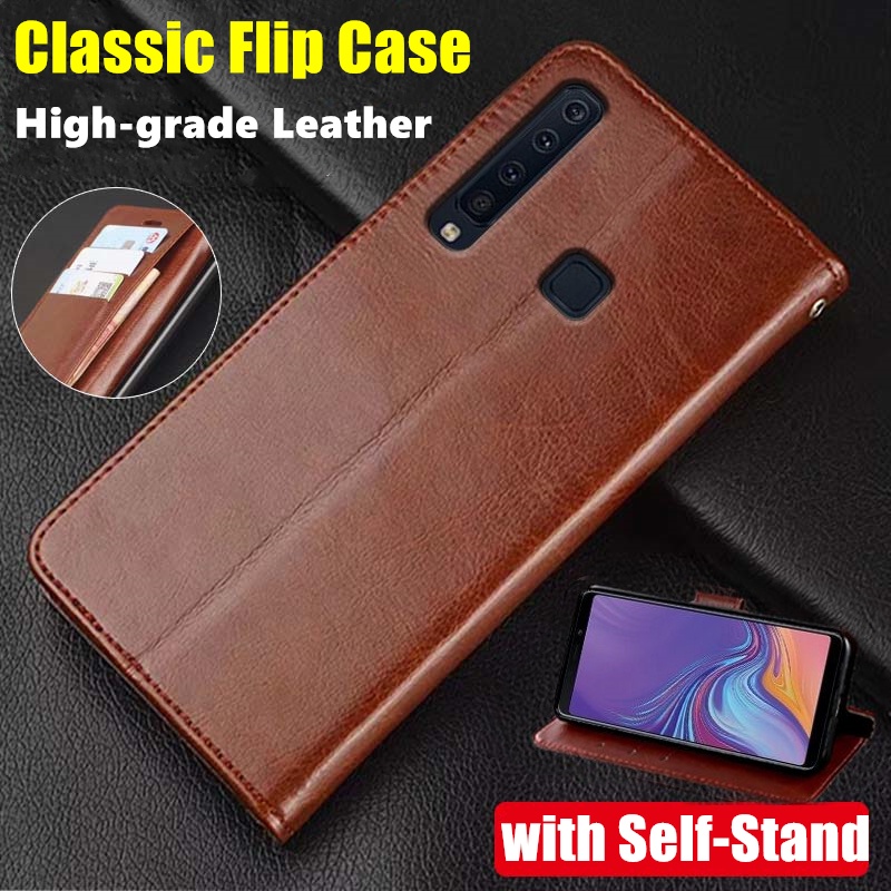 เคสหนังวัวแท้ ฝาพับ พร้อมช่องใส่บัตร ขาตั้ง สําหรับ Samsung Galaxy A9 2018 6.3 นิ้ว SM-A920F A9200 A920N