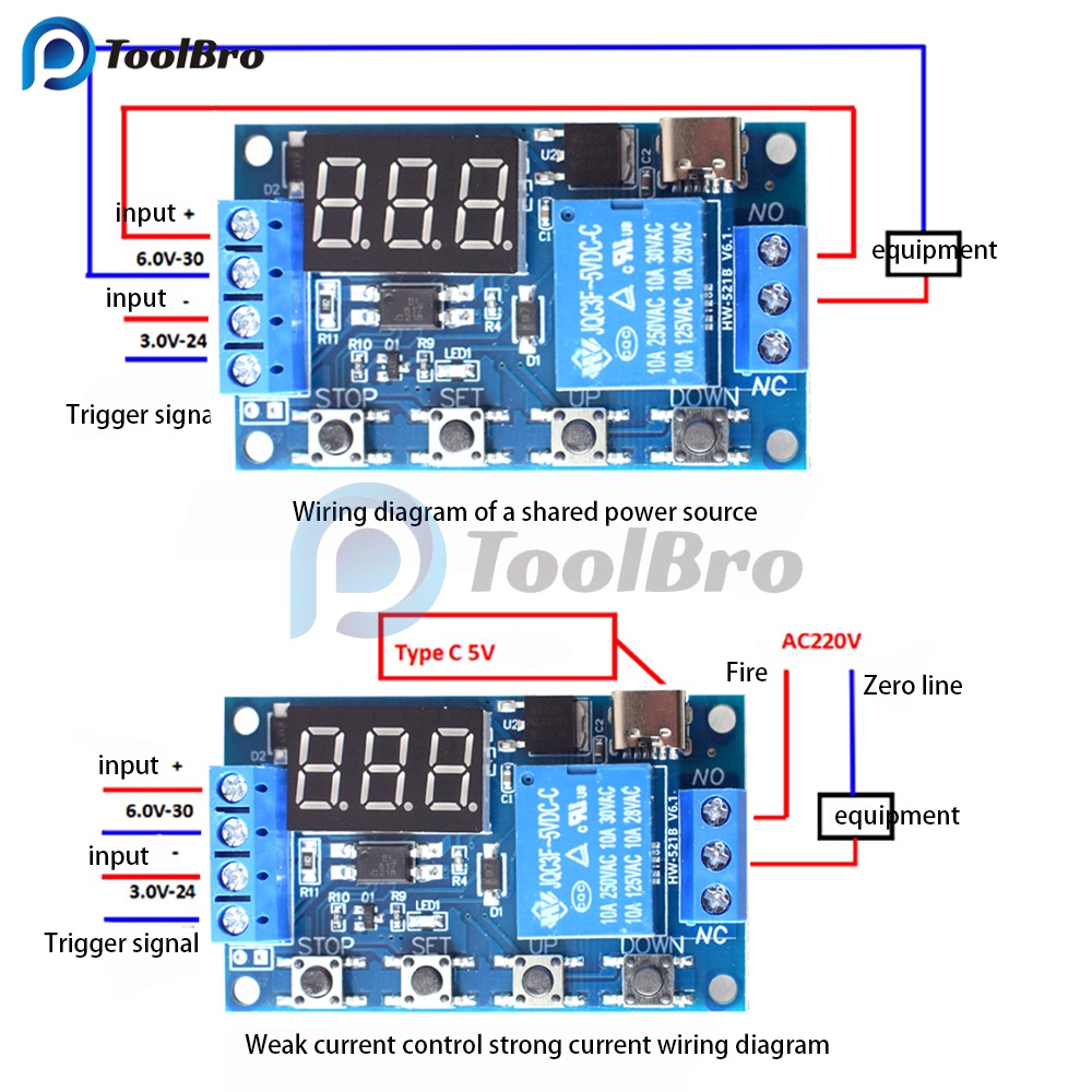 รีเลย์ตั้งเวลาดิจิทัล Type-C DC 6-30V USB C LED 9V 12V 24V