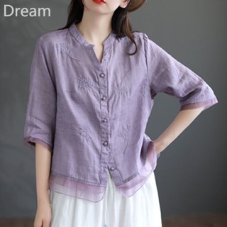 Retro cotton and linen shirt Womens Artistic dress embroidered shirt temperament stitching organza slimming shirt