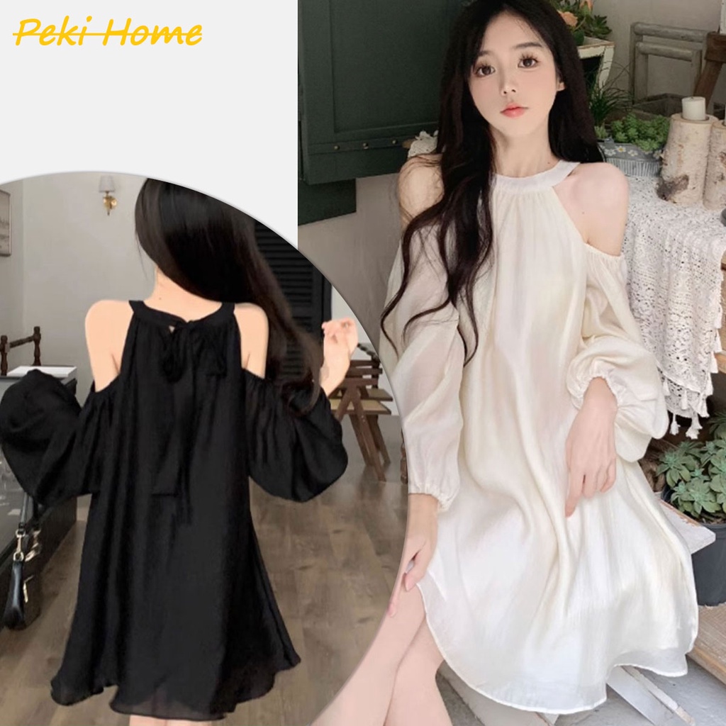 พร้อมส่ง เดรสเเขนยาวปาดไหล่ เดรสสีพื้นๆสไตล์เกาหลี