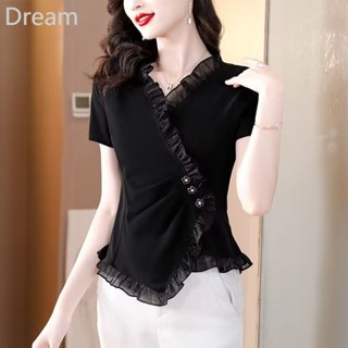 French retro V-neck irregular slimming fashion slim fit short sleeve top