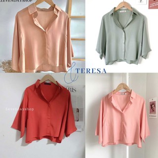 พร้อมส่ง เสื้อเชิ้ตสั้นเเขนยาว สไตล์เกาหลี สีพื้นเรียบง่าย