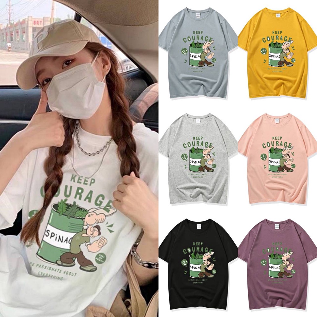 Cynthai เสื้อยืดพิมพ์ลาย คอกลม แขนสั้น ผ้านิ่ม แฟชั่น ลายผักขมสีเขียว 🥦 สไตล์เกาหลี 🍄 #9610