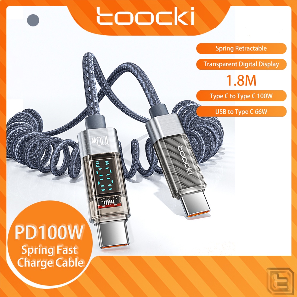 Toocki PD100W Type C เป็น Type C สายชาร์จเร็ว 66W USB เป็น Type C สายเคเบิลข้อมูล รวดเร็ว พร้อมสายสปริง พับเก็บได้ และจอแสดงผลดิจิทัล แบบใส สําหรับ Samsung Xiaomi