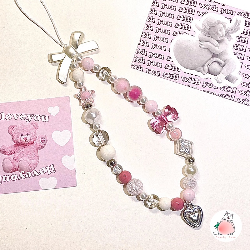 สายโซ่คล้องโทรศัพท์มือถือ สร้อยข้อมือ จี้โบว์ ดาว ดินโพลิเมอร์ แฮนด์เมด สีชมพู - รูปที่ 4