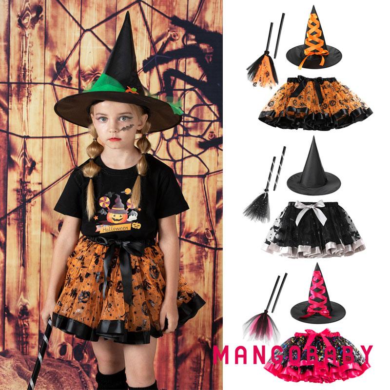 Mg-3 ชิ้นฮาโลวีน Tutu กระโปรงเครื่องแต่งกายสําหรับสาวแม่มดหมวก Broomsticks โบว์เอวยางยืดกระโปรงปาร์ตี้ฮาโลวีนเครื่องแต่งกาย