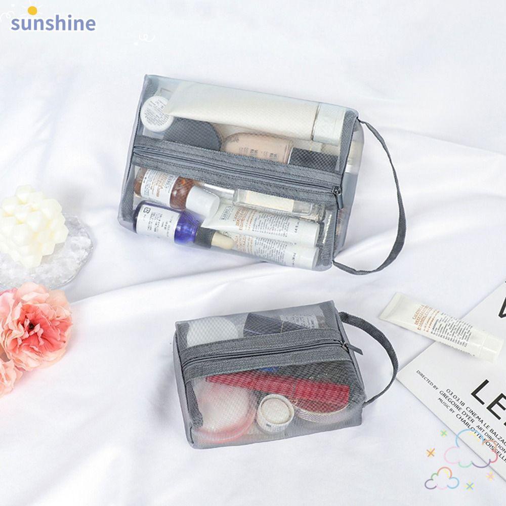 Ssunshine กระเป๋าเครื่องสําอาง กระเป๋าแต่งหน้า มีซิป ที่จับ แบบพกพา ผ้าโปร่งใส จัดระเบียบการเดินทาง บ้าน