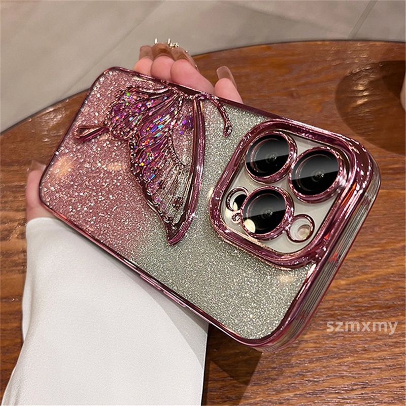 เคสโทรศัพท์มือถือ ชุบสังกะสี ลายผีเสื้อ ประดับโบว์ สําหรับ iPhone 15 14 13 12 11 pro max