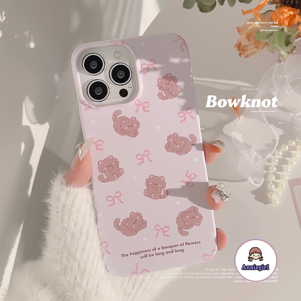 เคสโทรศัพท์มือถือแบบแข็ง กันกระแทก ลายแมว สีชมพู ประดับโบว์ สไตล์เกาหลี สําหรับ Iphone 11 15 14 Pro MAX 12 13 Promax XS MAX XR 7 8Plus SE