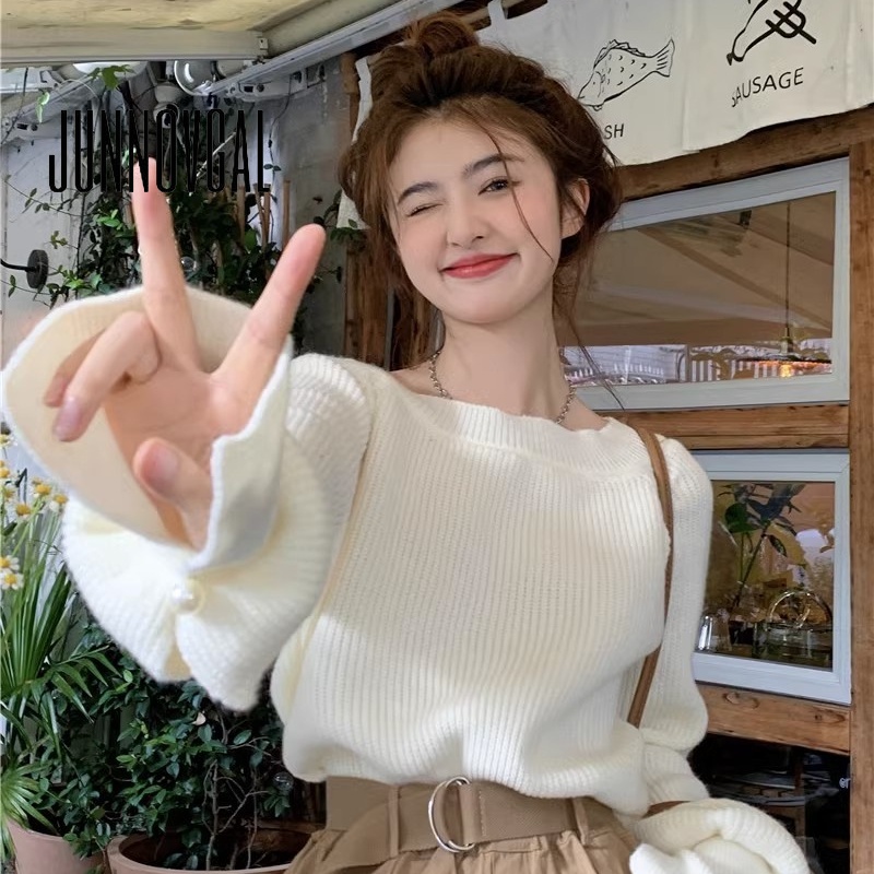 Junnovgal เสื้อกันหนาวลําลอง แขนยาว ทรงหลวม สีพื้น เข้ากับทุกการแต่งกาย สําหรับผู้หญิง 2023