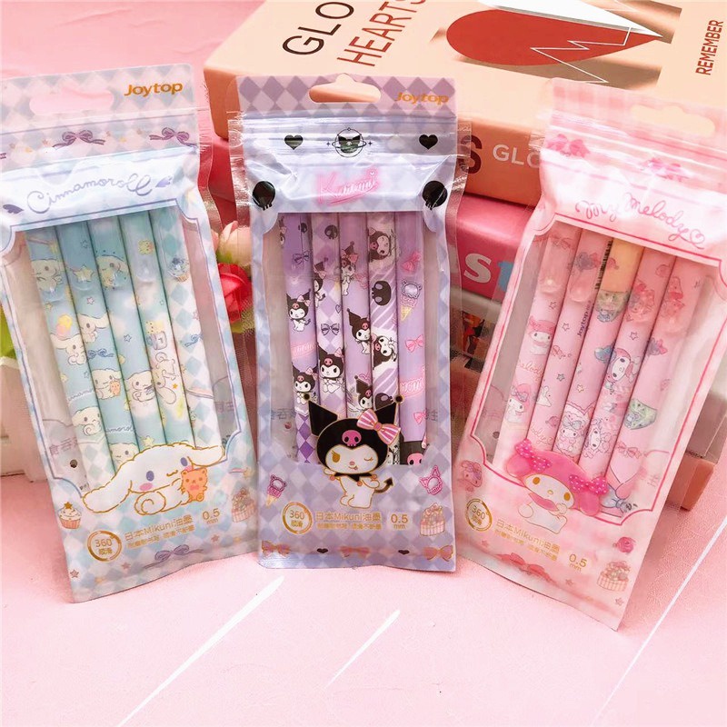 Sanrio Hello Kitty Kuromi ปากกาเจล เครื่องเขียน ลายการ์ตูน Cinnamoroll น่ารัก ขนาด 0.5 มม. สําหรับนักเรียน 5 ชิ้น ต่อถุง