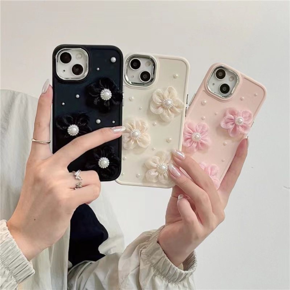 เคสโทรศัพท์มือถือ แบบนิ่ม ลายดอกไม้ สีขาว สีชมพู ประดับไข่มุก สําหรับ iPhone 15 14 13 12 11 Pro Max X XR XS Max 7 8 Plus SE2020