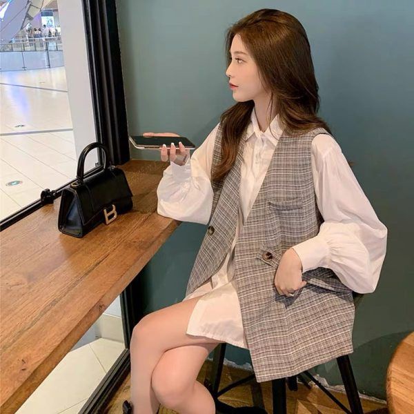 [ราคาต่ําสุดทั้งสถานี] เสื้อกั๊ก ลายสก๊อต สีขาว สองชิ้น เหมาะกับฤดูใบไม้ผลิ ฤดูใบไม้ร่วง สไตล์เกาหลี สําหรับผู้หญิง