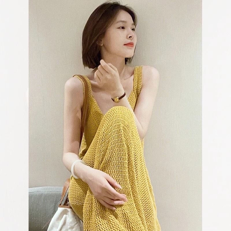 ชุดเดรสกระโปรงยาว แขนกุด คอวี ทรงเอ ผ้าถัก เซ็กซี่ สไตล์เกาหลี สําหรับสตรี