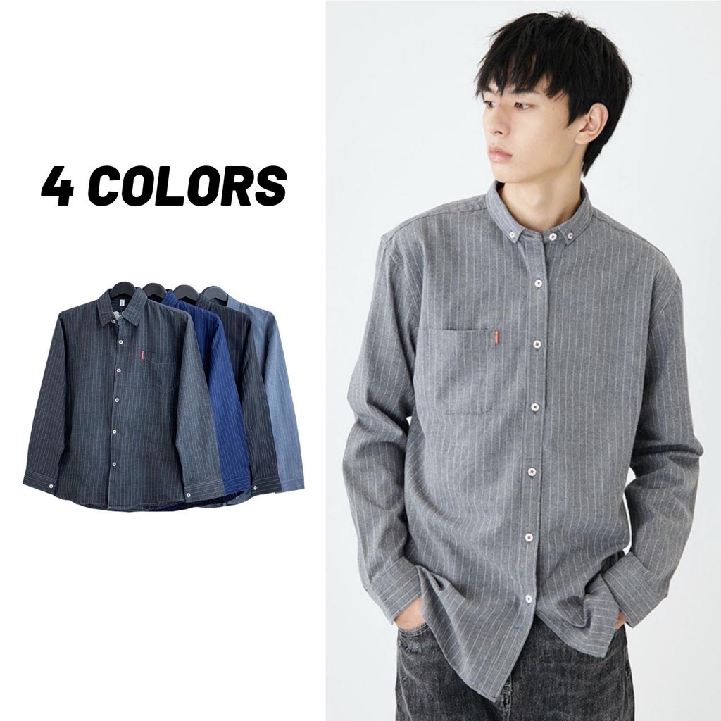 Sale80% เสื้อเชิ้ตแขนยาวผู้ชาย ลายริ้ว 4 สี ไซส์ M-5XL