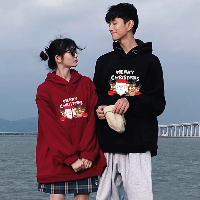 เสื้อกันหนาวแขนยาวลําลอง มีฮู้ด พิมพ์ลายการ์ตูนคริสต์มาส ทรงหลวม สไตล์เกาหลี แฟชั่นฤดูใบไม้ร่วง สําหรับผู้หญิง