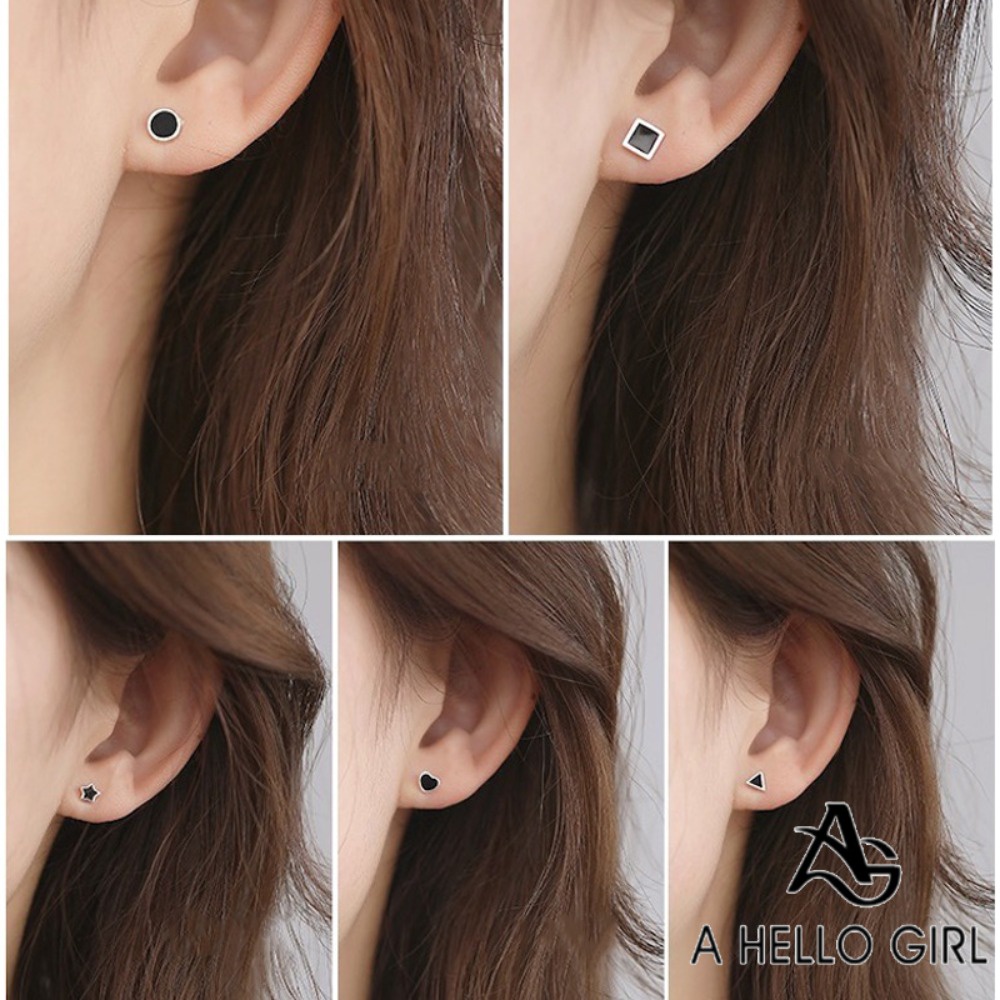 A HELLO GIRL เครื่องประดับ ต่างหู รูปหัวใจ ทรงเรขาคณิต สีดํา เหมาะกับของขวัญ สําหรับผู้หญิง