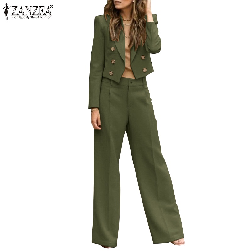 Zanzea ชุดเสื้อกระดุมคู่ สีพื้น สไตล์วินเทจ แฟชั่นสําหรับผู้หญิง