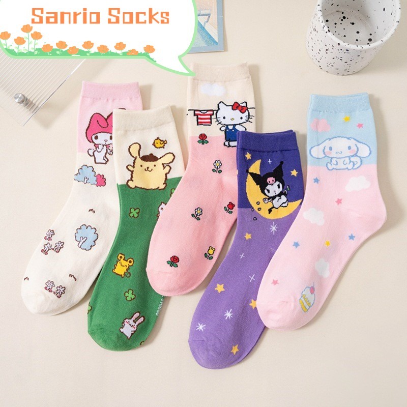 SANRIO ถุงเท้า ลายการ์ตูน Hello Kitty Kuromi Melody น่ารัก ให้ความอบอุ่น สําหรับเด็กผู้หญิง